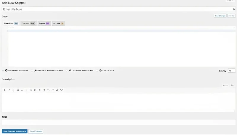 The Code Snippets Add New Snippet screen with Functions, Content, Styles and Scripts tabs and a description editor