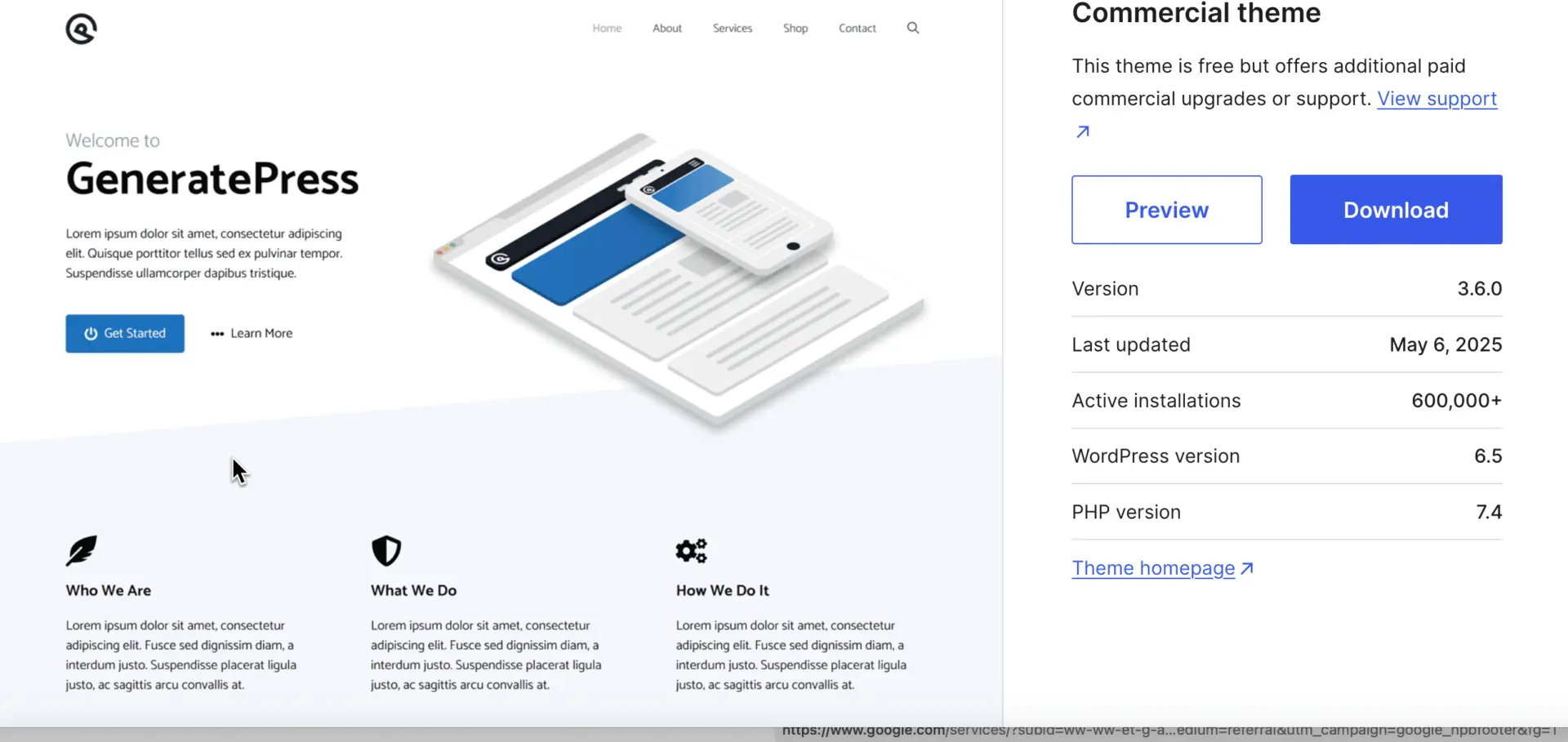 Best Elementor Theme in 2025: Choose the Right One for Your Website Goals 9 GeneratePress theme preview on WordPress.org showing a minimalist homepage layout with tablet and mobile design illustration, highlighting performance and flexibility