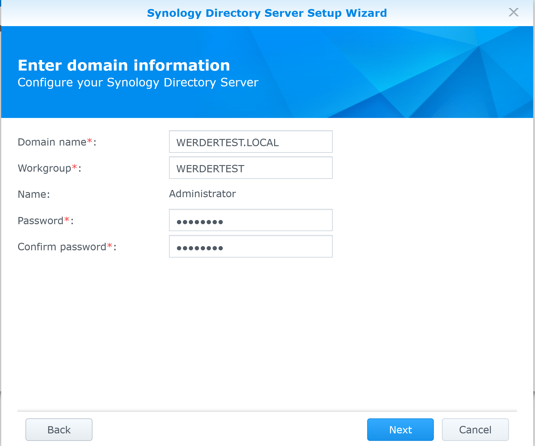 Synology Directory Server wizard domain name and administrator password entry