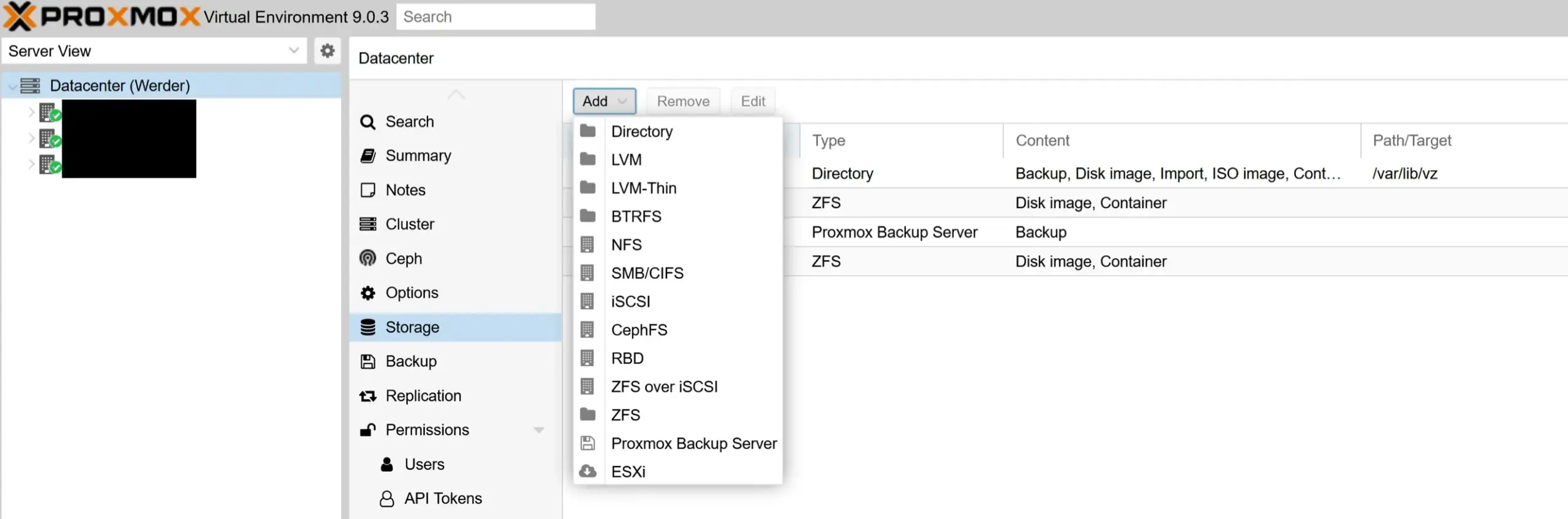 Proxmox VE storage menu showing the Add dropdown with Proxmox Backup Server as a storage type option