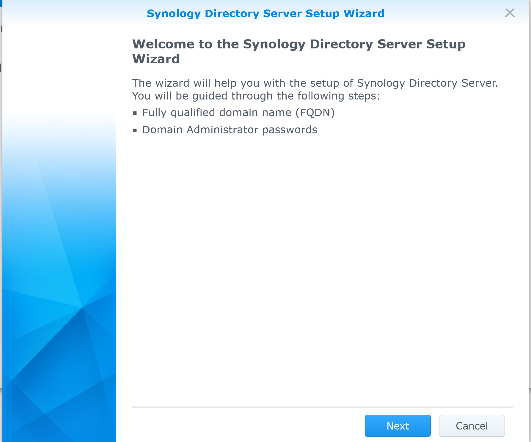 Synology Directory Server Setup Wizard welcome screen