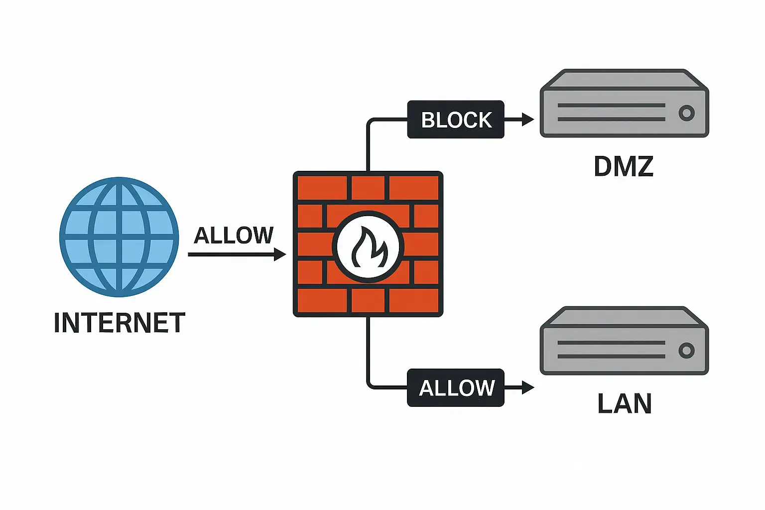 Firewall diagram showing allowed and blocked traffic between the internet, a DMZ server, and a LAN server, with a firewall in the center controlling data flow.