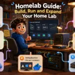 Homelab guide overview showing the seven topics covered: what is a homelab, hardware, storage and NAS, virtualization, networking, security, and self-hosting.