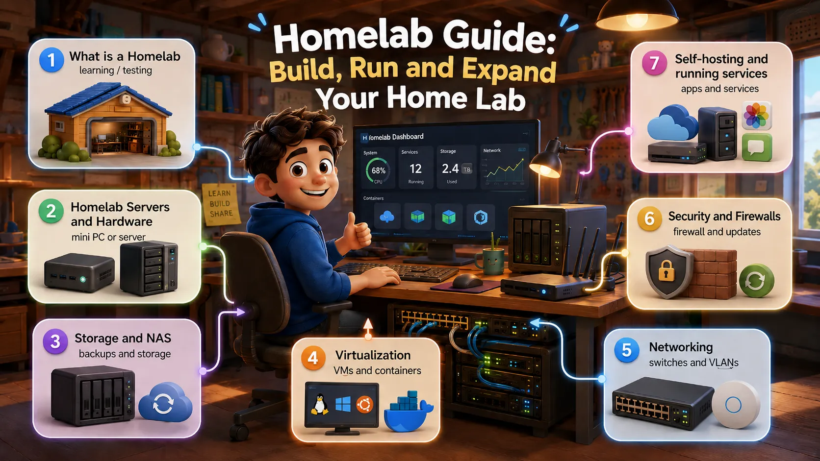 Homelab guide overview showing the seven topics covered: what is a homelab, hardware, storage and NAS, virtualization, networking, security, and self-hosting.