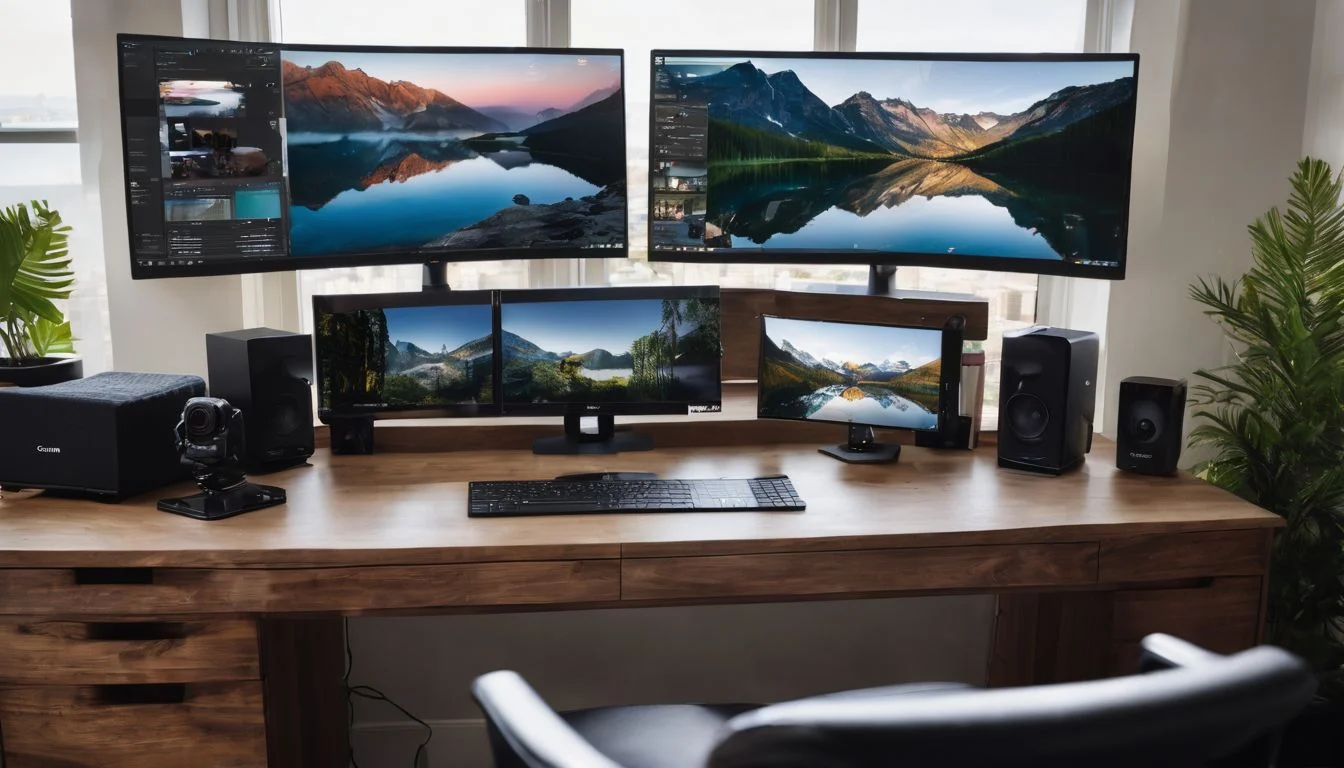 A modern home office setup with high-tech equipment and cityscape photography.