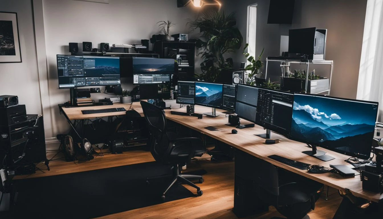A modern tech workspace with virtual machines running on a Synology NAS.