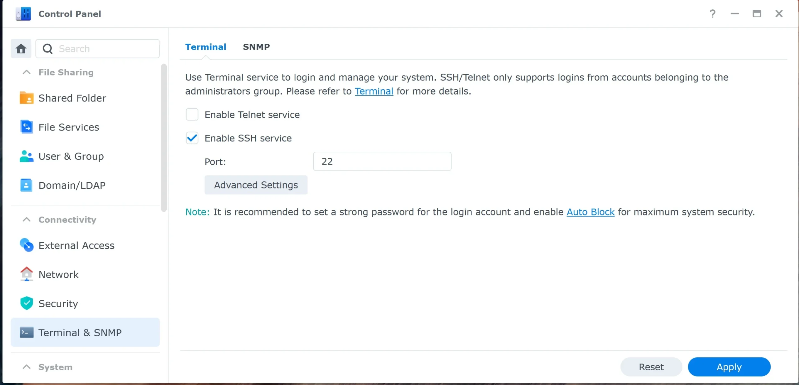 Synology enable SSH