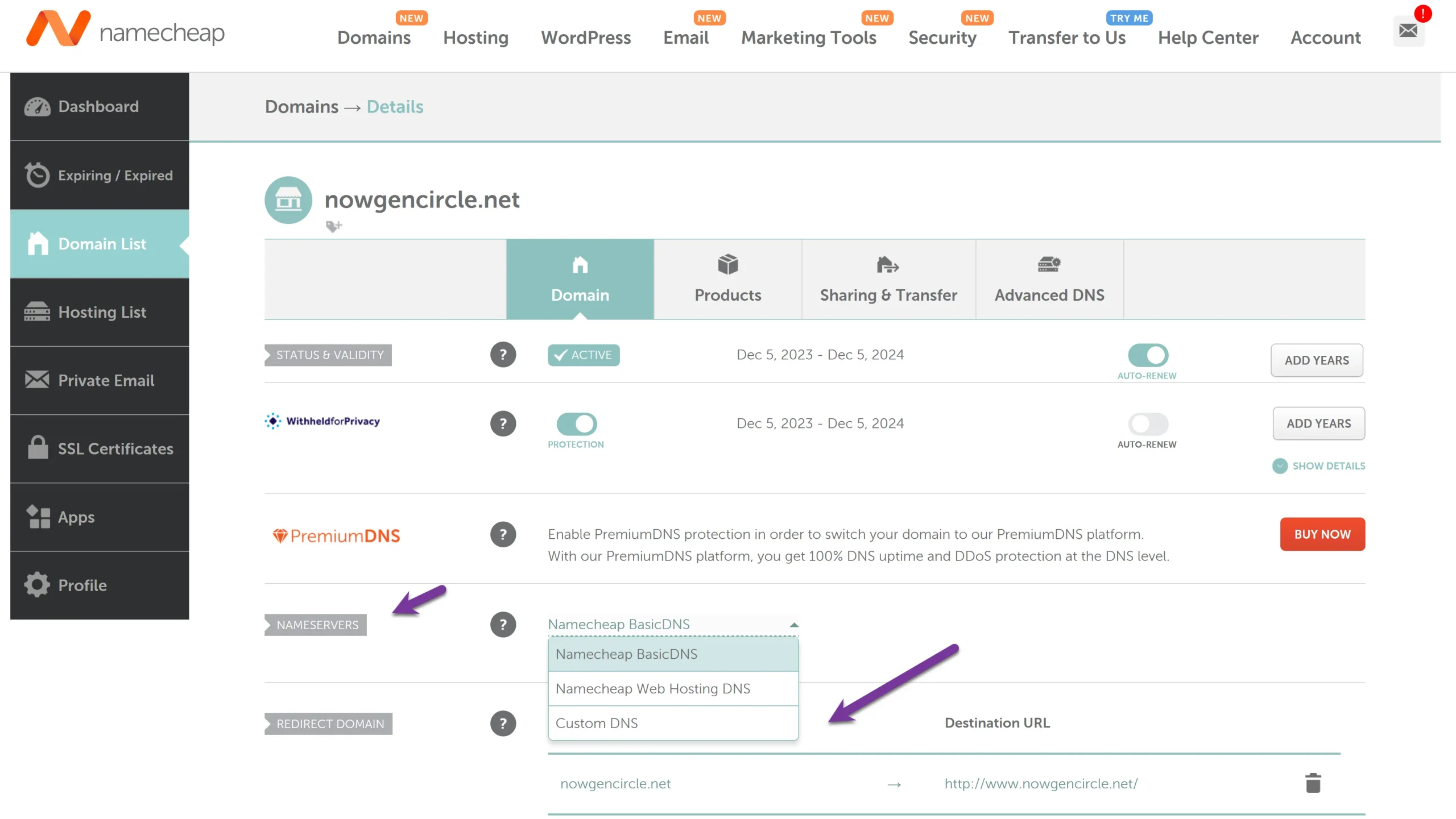 Namecheap DNS settings for custom domain on Synology NAS