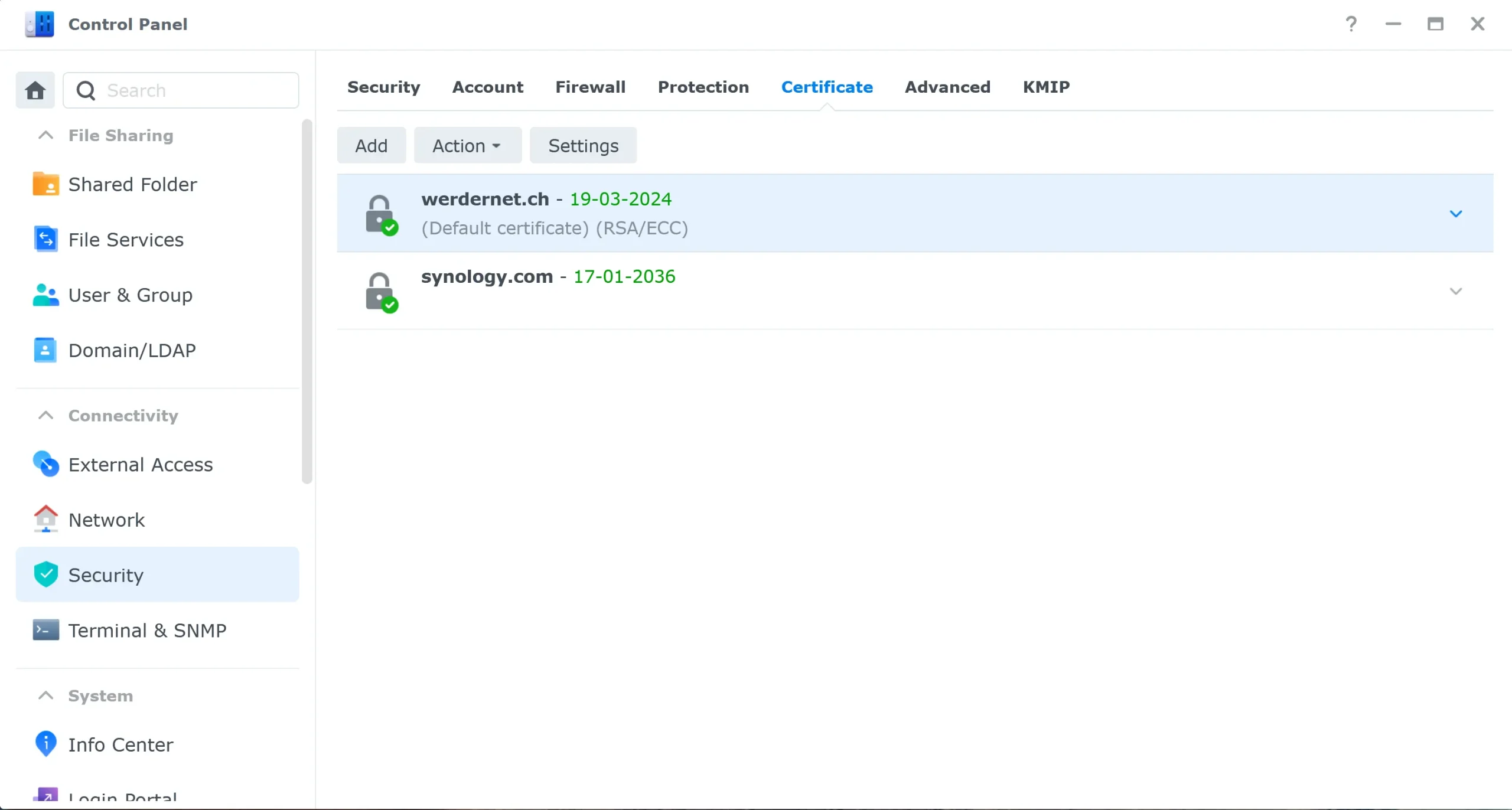 Synology DSM Control Panel Security showing installed Let's Encrypt certificate