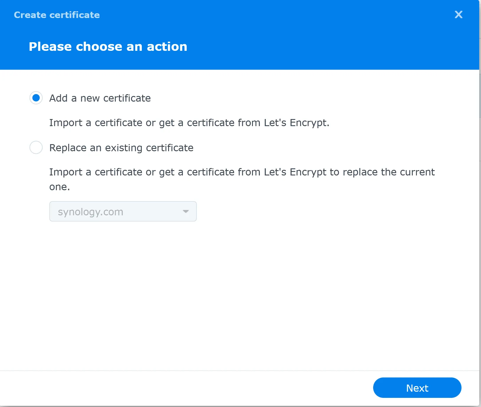 Synology DSM create certificate dialog with Add a new certificate selected
