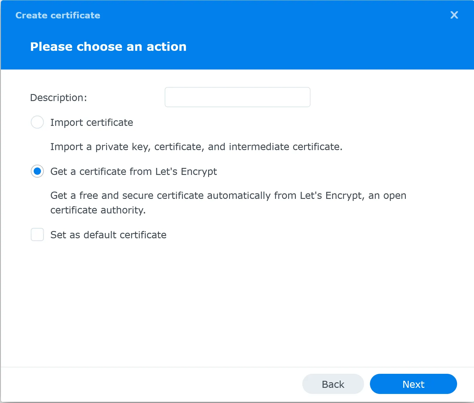 Synology DSM certificate wizard with Get a certificate from Let's Encrypt selected