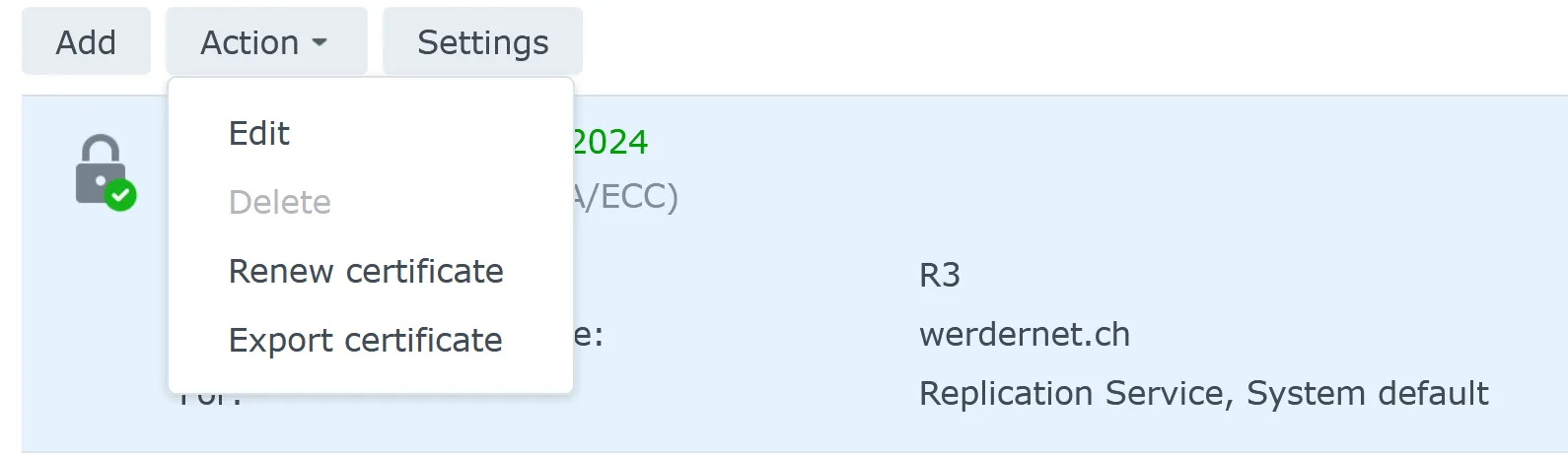Synology DSM Action menu with Renew certificate option for Let's Encrypt