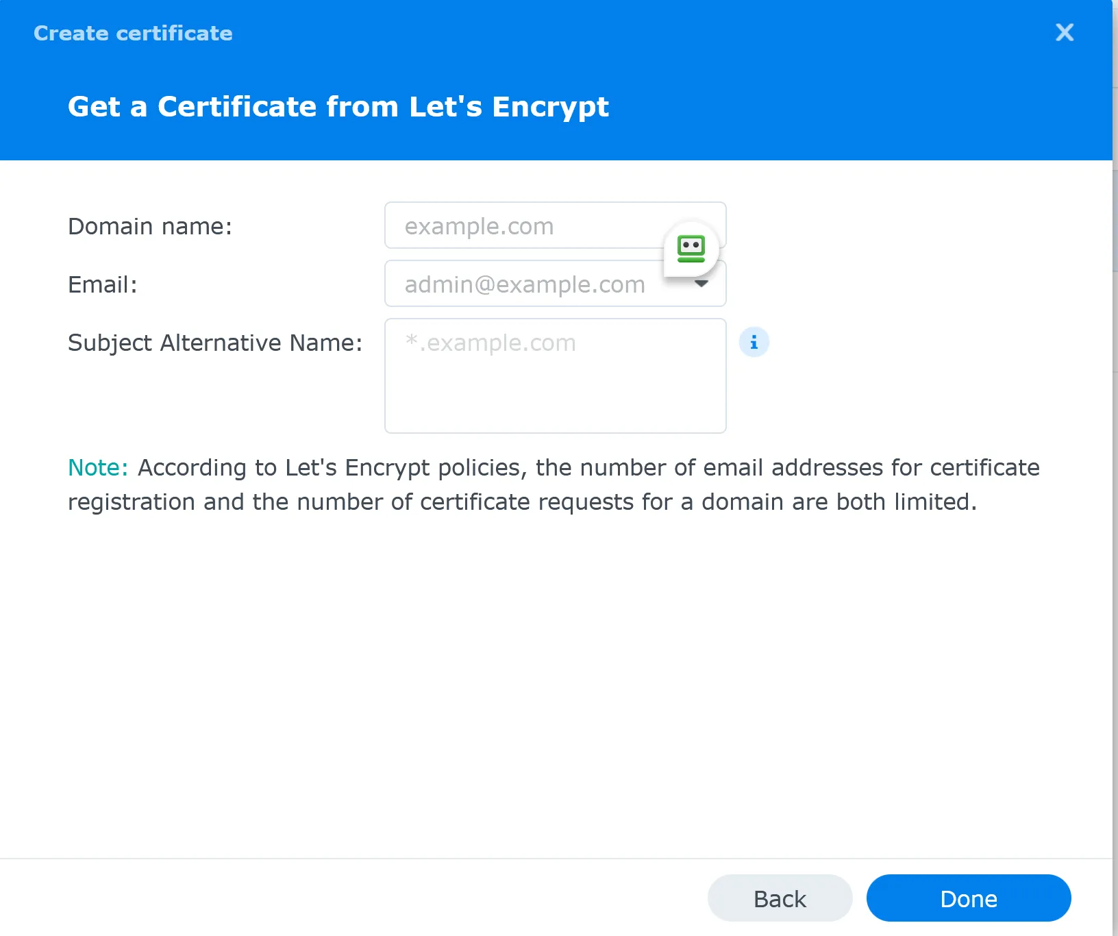 Synology Let's Encrypt certificate setup with domain name email and subject alternative name fields
