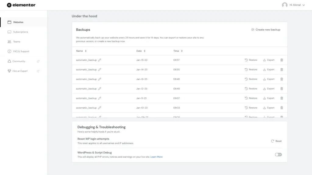 The Elementor hosting account Backups screen listing automatic daily backups with Restore and Export options