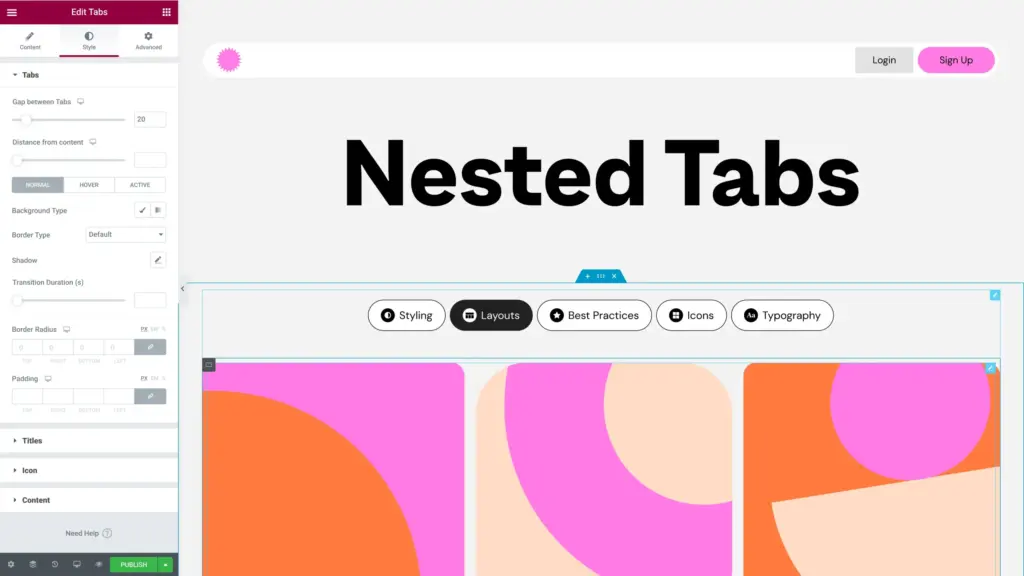The Elementor Nested Tabs widget in the editor showing styled tabs for Styling, Layouts, Best Practices, Icons and Typography