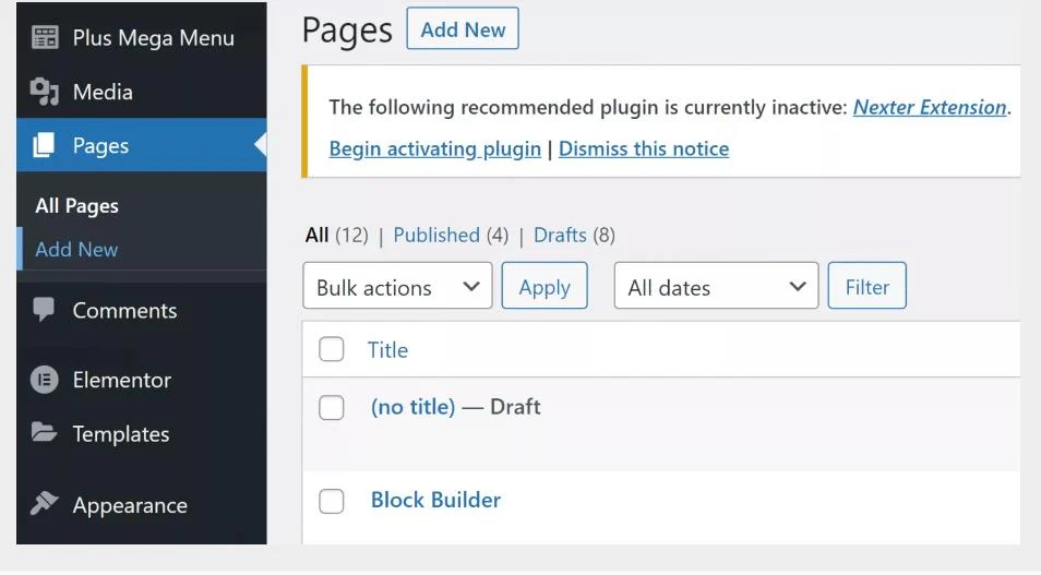 The WordPress Pages screen with the Add New button to create a new page