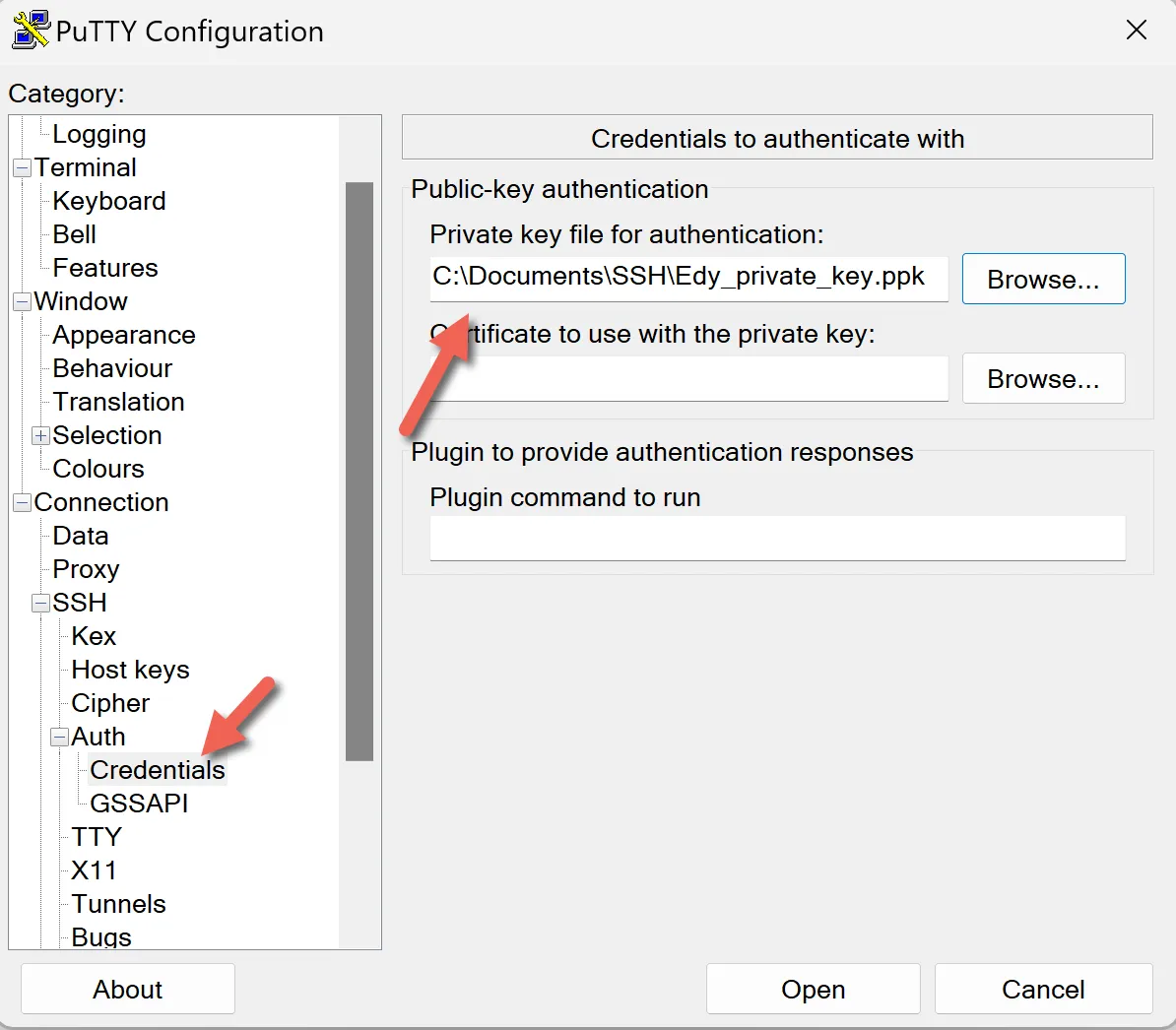 putty apply the private ssh key