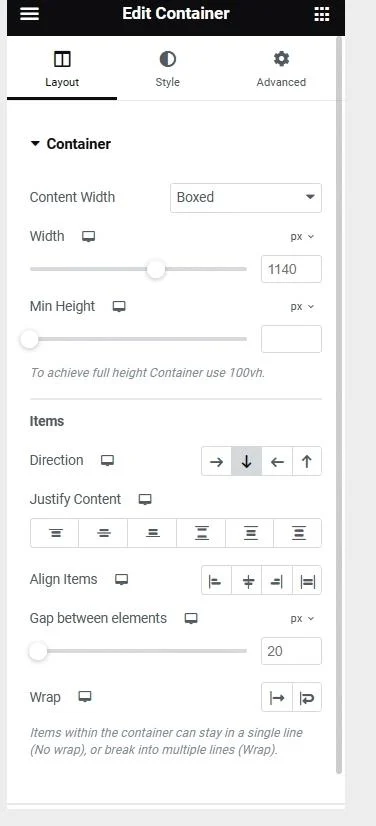 The Elementor Edit Container layout settings: content width, direction, justify content, align items, gap and wrap options
