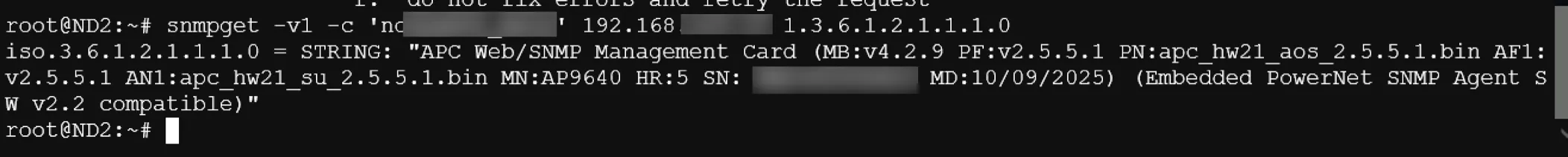 SNMP test from Proxmox confirming communication with an APC Network Management Card
