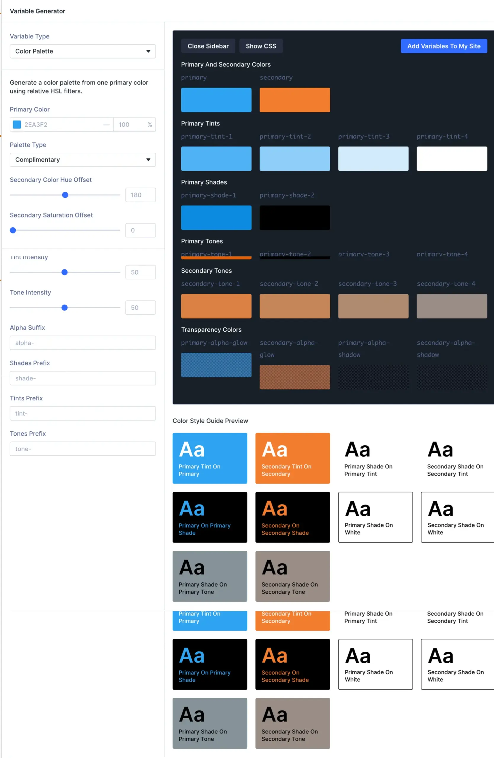 Divi 5 Variable Generator showing a full color palette with tints, shades, tones, and transparency generated from a single primary color